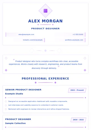 First-page preview of the Art Deco resume template with fictional example content