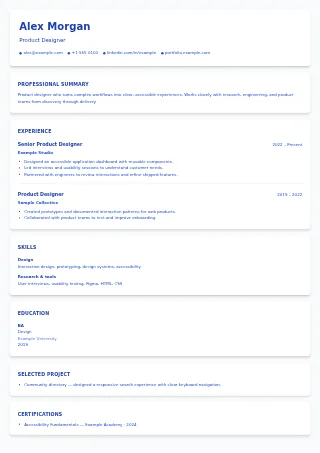 First-page preview of the Card Based resume template with fictional example content