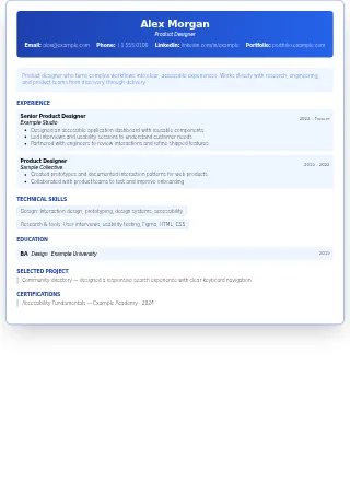 First-page preview of the Chartered resume template with fictional example content