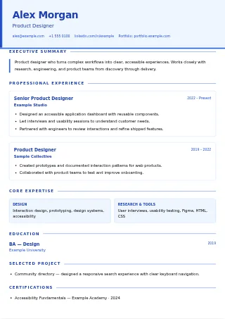 First-page preview of the Corporate Elegance resume template with fictional example content