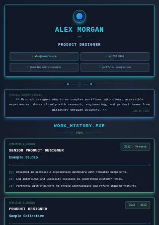 First-page preview of the Cyber Neon resume template with fictional example content