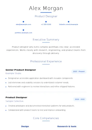 First-page preview of the Executive Modern resume template with fictional example content