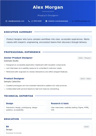 First-page preview of the Executive Plus resume template with fictional example content