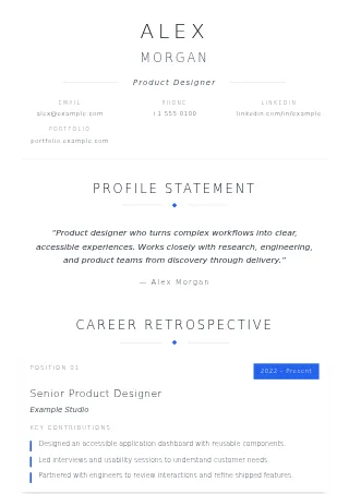 First-page preview of the Fashion Portfolio resume template with fictional example content
