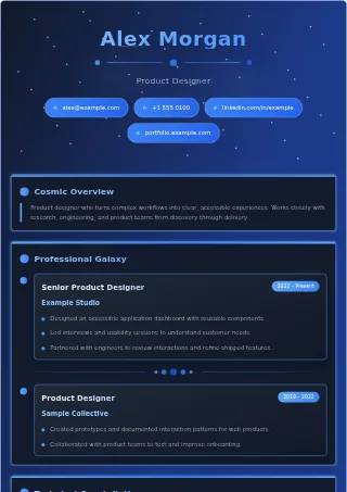 First-page preview of the Galaxy Cosmic resume template with fictional example content