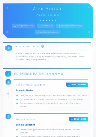 First-page preview of the Geometric Prism resume template with fictional example content