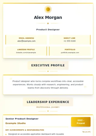First-page preview of the Golden Executive resume template with fictional example content