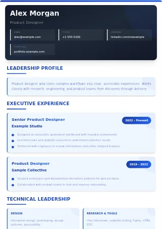First-page preview of the Leadership Pro resume template with fictional example content