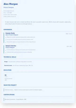 First-page preview of the Minimal resume template with fictional example content