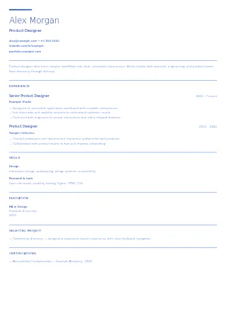 First-page preview of the Minimal Chic resume template with fictional example content