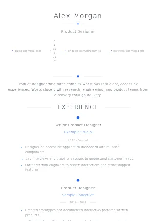 First-page preview of the Minimalist Elegance resume template with fictional example content