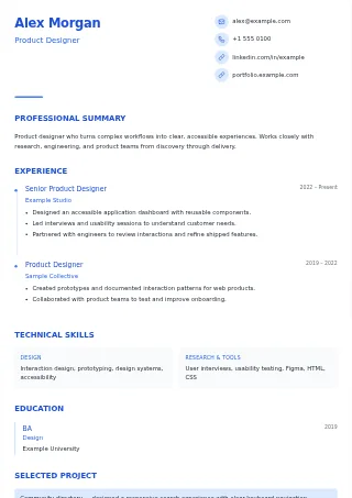 First-page preview of the Modern Minimalist resume template with fictional example content