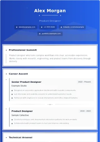 First-page preview of the Mountain Peak resume template with fictional example content