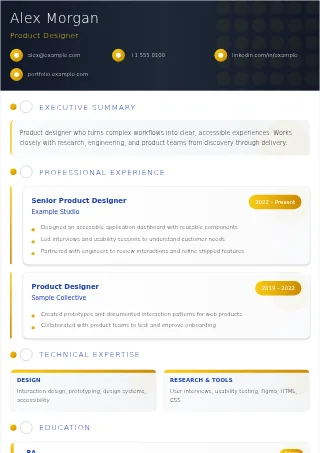 First-page preview of the Platinum resume template with fictional example content