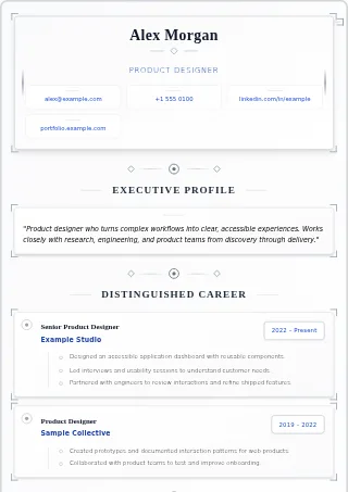 First-page preview of the Royal Executive resume template with fictional example content