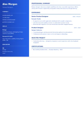 First-page preview of the Sidebar Pro resume template with fictional example content