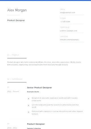 First-page preview of the Swiss Modern resume template with fictional example content
