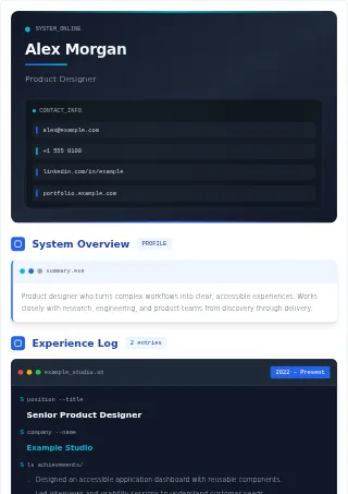 First-page preview of the Tech Innovator resume template with fictional example content