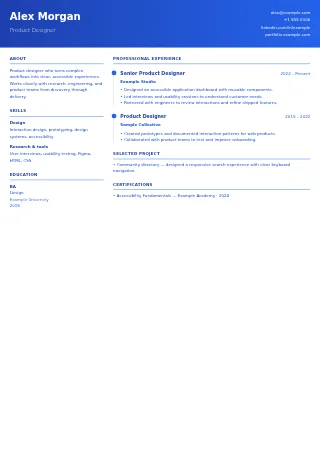 First-page preview of the Two Column Modern resume template with fictional example content